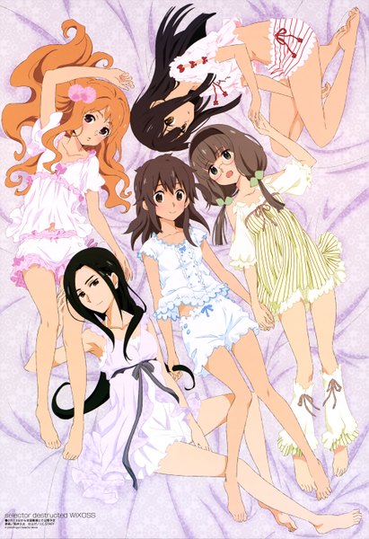 Anime picture 4078x5943 with selector infected wixoss j.c. staff megami magazine kominato ruuko kurebayashi yuzuki uemura hitoe aoi akira long hair tall image blush highres open mouth black hair brown hair multiple girls brown eyes absurdres lying orange hair official art