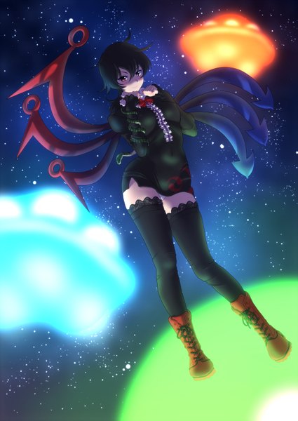 Anime picture 2132x3010 with touhou houjuu nue kezune (i- -i) tall image highres short hair light erotic black hair red eyes girl thighhighs dress black thighhighs wings boots spacecraft ufo flying saucer