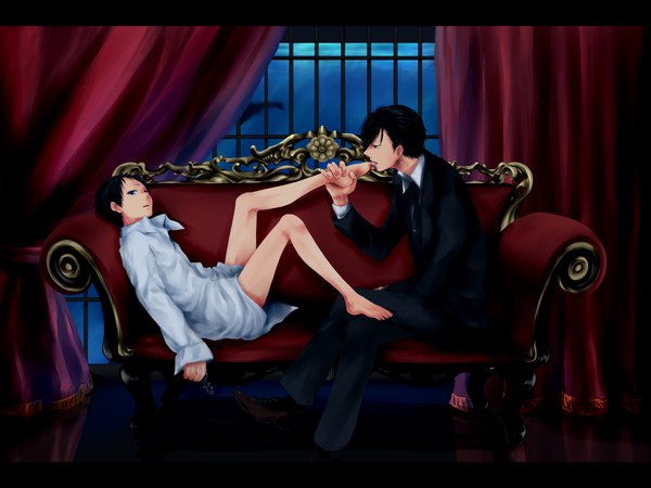 Anime picture 2600x1953 with durarara!! brains base (studio) ryuugamine mikado mochi mocchi highres short hair blue eyes black hair red eyes barefoot shounen ai licking formal boy shirt curtains couch chess