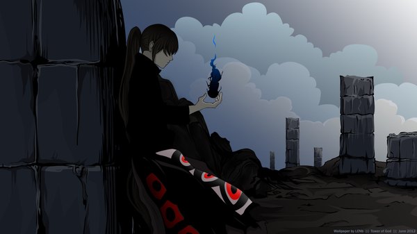 Anime picture 1920x1080 with tower of god jyu viole grace lenb (artist) single long hair highres wide image cloud (clouds) ponytail magic ruins hair over eyes boy fire