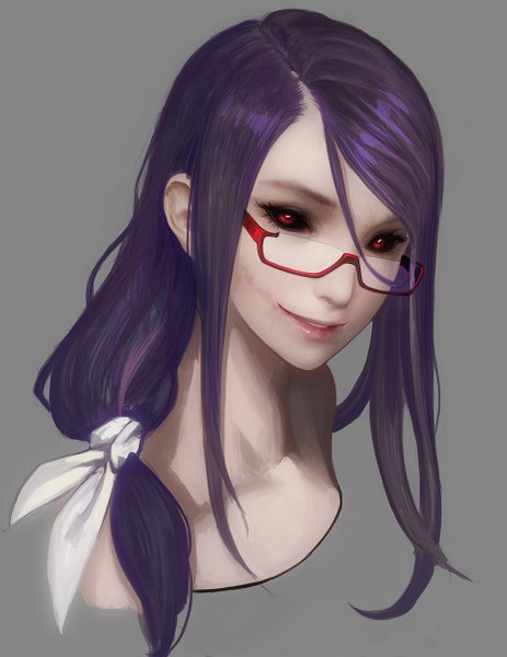 Anime picture 927x1200 with tokyo ghoul studio pierrot kamishiro rize sakusaku (frostce) single long hair tall image looking at viewer simple background smile red eyes purple hair upper body lips grey background face black sclera girl bow hair bow