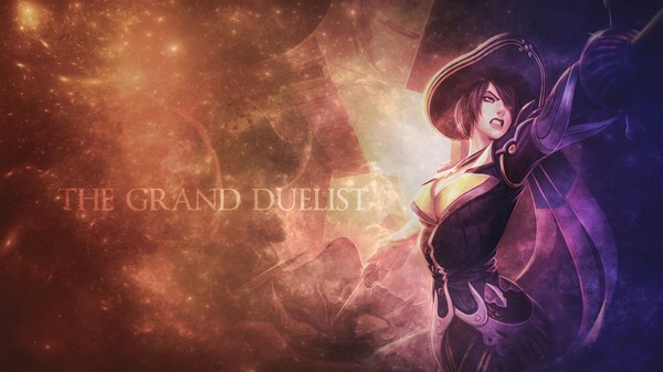 Anime picture 1920x1080 with league of legends fiora (league of legends) single fringe highres short hair black hair wide image hair over one eye battle girl weapon hat dagger epee