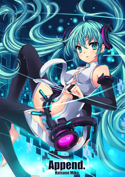 Anime picture 700x990 with vocaloid vocaloid append hatsune miku hatsune miku (append) peach88 single tall image blush open mouth twintails very long hair aqua eyes aqua hair inscription girl thighhighs navel black thighhighs necktie