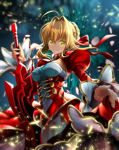 Anime picture 1200x1519 with fate (series) fate/extra nero claudius (fate) (all) nero claudius (fate) suishougensou single tall image looking at viewer blonde hair green eyes ahoge light smile girl dress weapon sword red dress