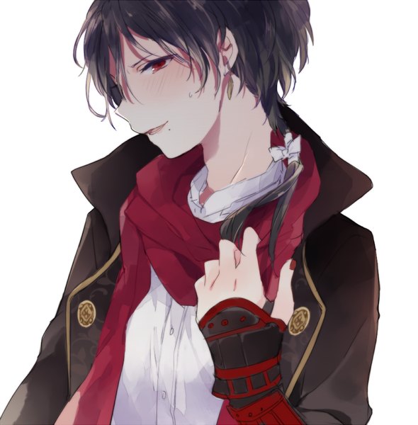 Anime picture 786x800 with touken ranbu nitroplus kashuu kiyomitsu petitbisou single long hair tall image blush open mouth simple background red eyes white background nail polish fingernails mole mole under mouth boy earrings shirt white shirt