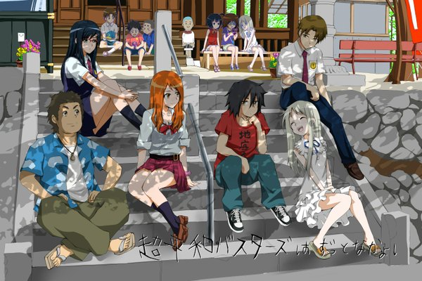 Anime picture 1500x1000 with ano hi mita hana no namae wo bokutachi wa mada shiranai a-1 pictures honma meiko anjou naruko tsurumi chiriko yadomi jinta atsumu matsuyuki hisakawa tetsudou suzuki-shi long hair short hair open mouth blue eyes black hair brown hair multiple girls brown eyes full body white hair orange hair