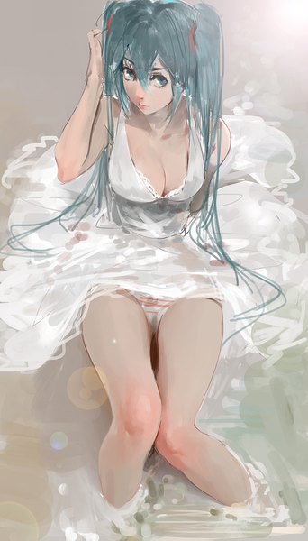 Anime picture 893x1563 with vocaloid hatsune miku g q single long hair tall image looking at viewer breasts light erotic large breasts white background sitting twintails bent knee (knees) head tilt aqua eyes from above aqua hair sleeveless adjusting hair