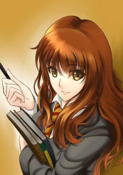 Anime picture 1748x2480 with harry potter hermione granger xiao qiong single long hair tall image looking at viewer fringe highres brown hair holding brown eyes ahoge gradient background girl uniform school uniform necktie book (books)