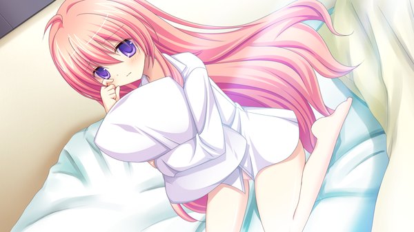 Anime picture 1280x720 with kessen! long hair wide image purple eyes pink hair game cg loli hug girl shirt pillow