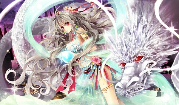 Anime picture 1000x587 with original hagiwara rin single long hair red eyes wide image bare shoulders grey hair girl dress hair ornament jewelry ball dragon shawl