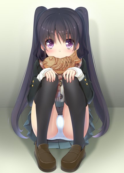 Anime picture 1077x1500 with original wapokichi single long hair tall image looking at viewer blush light erotic black hair twintails purple eyes pantyshot pantyshot sitting girl thighhighs underwear panties black thighhighs scarf