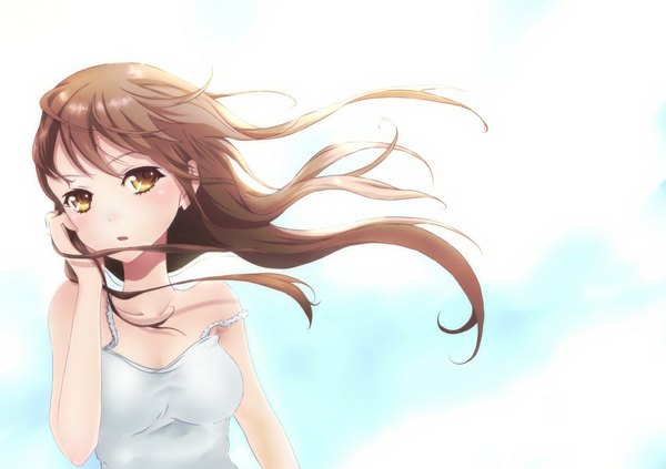 Anime picture 1179x833 with original conone single long hair looking at viewer blush open mouth brown hair bare shoulders yellow eyes wind girl dress sundress