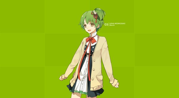 Anime picture 1282x706 with tsukiuta momosaki hina tagme (artist) single short hair simple background wide image brown eyes green hair official art character names side ponytail green background girl dress hair ornament ribbon (ribbons) cape