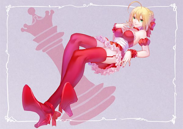 Anime picture 877x620 with fate (series) fate/stay night fate/extra type-moon nero claudius (fate) (all) nero claudius (fate) mitsuki hana single looking at viewer fringe short hair light erotic blonde hair bare shoulders ahoge braid (braids) nail polish green hair high heels framed