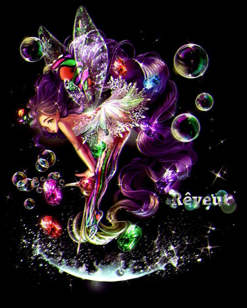 Anime picture 1251x1558 with original si (pixiv) single tall image looking at viewer yellow eyes purple hair very long hair one eye closed pointy ears wink inscription black background dark background fantasy fairy girl dress wings bubble (bubbles)