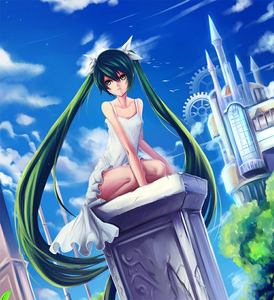 Anime picture 1025x1120 with vocaloid hatsune miku rinbukyoku (artist) single long hair tall image sitting twintails green eyes sky cloud (clouds) very long hair green hair girl dress hair ornament bow hair bow animal white dress