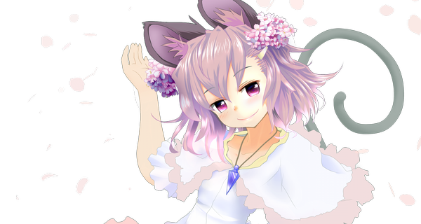 Anime picture 1500x800 with touhou nazrin ishikkoro single short hair smile wide image purple eyes animal ears silver hair animal tail hair flower transparent background girl dress hair ornament petals pendant