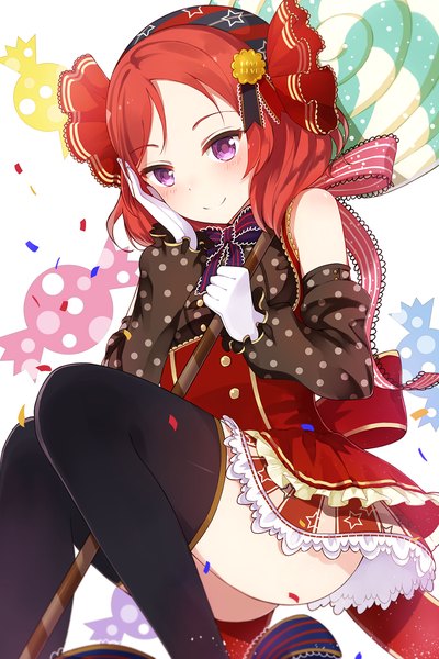 Anime picture 1105x1655 with love live! school idol project sunrise (studio) love live! nishikino maki gkn levi single long hair tall image looking at viewer purple eyes holding bent knee (knees) red hair polka dot hand on face girl thighhighs gloves bow black thighhighs