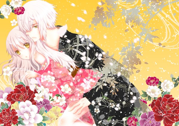 Anime picture 1200x846 with hakuouki shinsengumi kitan studio deen chizuru yukimura chikage kazama long hair short hair bare shoulders yellow eyes white hair lying japanese clothes profile from behind couple hug undressing yellow background girl boy flower (flowers)