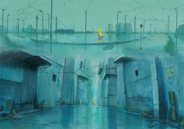 Anime picture 1024x718 with rain town ishida hiroyasu city blue background rain cityscape multiview hood building (buildings) cloak wire (wires) child (children) robot road traffic sign rubber boots
