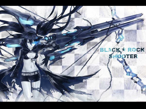 Anime picture 1600x1200 with black rock shooter black rock shooter (character) 2d (artist) single long hair fringe black hair hair between eyes twintails copyright name glowing letterboxed scar glowing eye (eyes) checkered checkered background arm cannon girl navel weapon