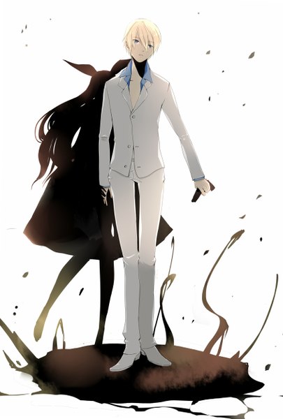 Anime picture 846x1252 with are you alice alice (are you alice) marianne (are you alice) long hair tall image short hair simple background standing white background shadow holding hands open collar silhouette girl boy suit blazer