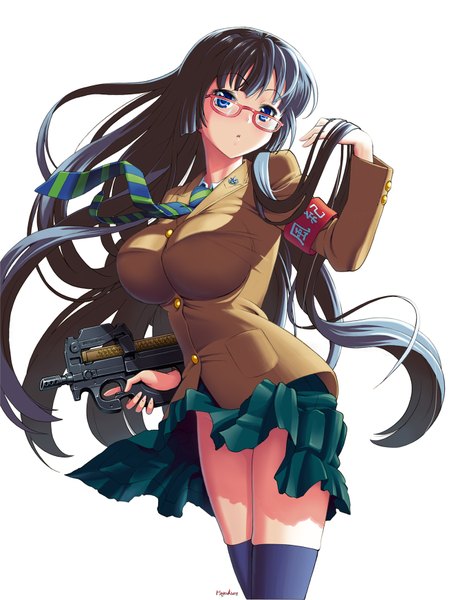 Anime picture 1331x1742 with original number10 (hagakure) single long hair tall image blue eyes black hair simple background white background girl thighhighs skirt uniform weapon black thighhighs school uniform miniskirt glasses necktie gun