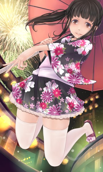 Anime picture 615x1024 with original yo (sinsifuku) single long hair tall image looking at viewer black hair brown eyes ponytail traditional clothes japanese clothes lolita fashion fireworks wa lolita girl thighhighs white thighhighs kimono umbrella obi