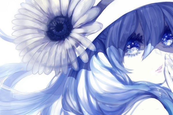 Anime picture 1125x750 with vocaloid hatsune miku tom (pixiv) single long hair blue eyes blue hair looking back monochrome close-up girl flower (flowers) hat
