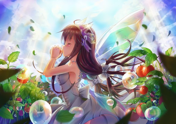 Anime picture 1200x849 with original qian wu atai single long hair blush fringe brown hair bare shoulders holding sky cloud (clouds) eyes closed profile landscape insect wings girl bow plant (plants) hair bow wings
