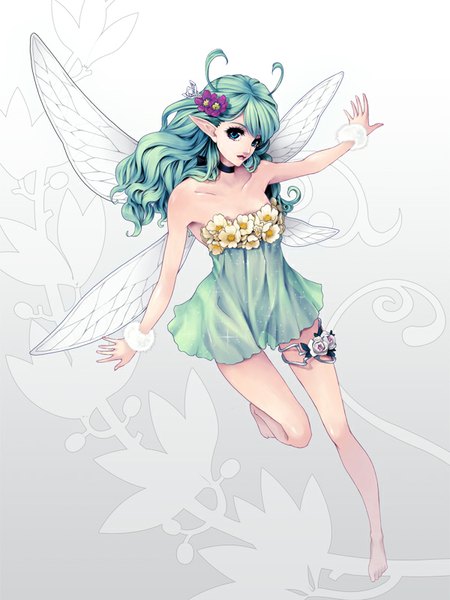 Anime picture 600x800 with original kunishige keiichi single long hair tall image blue eyes bare shoulders barefoot hair flower pointy ears aqua hair gradient background wavy hair spread arms elf girl dress hair ornament flower (flowers) wings