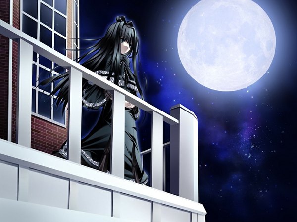 Anime picture 1024x768 with triptych (game) blue eyes black hair game cg night loli girl moon