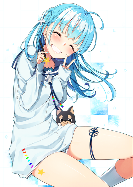 Anime picture 1191x1670 with original pixiv pixiv-tan sakuragi ren single long hair tall image blush fringe light erotic smile sitting holding blue hair ahoge eyes closed nail polish head tilt fingernails teeth