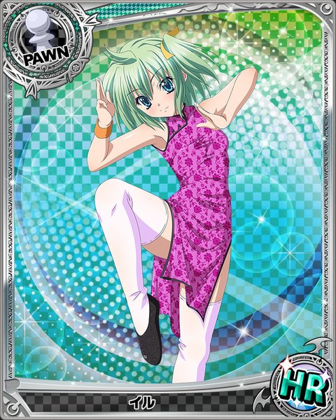 Anime picture 640x800 with highschool dxd tagme (character) single tall image looking at viewer blush short hair blue eyes smile bent knee (knees) traditional clothes green hair chinese clothes card (medium) fighting stance girl thighhighs bow hair bow white thighhighs