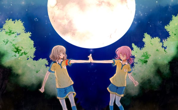 Anime picture 1315x815 with inazuma eleven go kirino ranmaru shindou takuto short hair blonde hair wide image twintails pink hair eyes closed profile night low twintails holding hands short twintails uniform full moon gym uniform