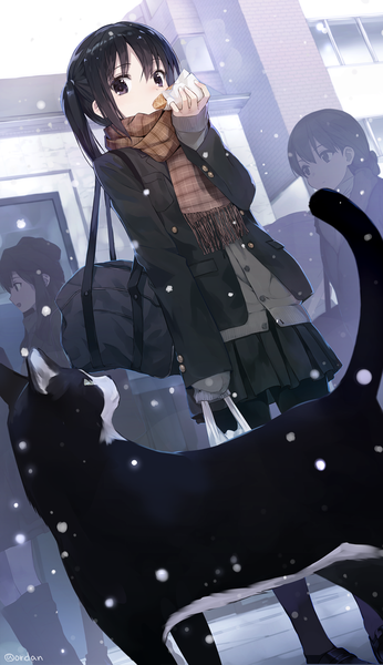 Anime picture 808x1400 with original orda long hair tall image looking at viewer fringe black hair multiple girls signed outdoors pleated skirt black eyes dutch angle side ponytail snowing solo focus winter eating street food in mouth