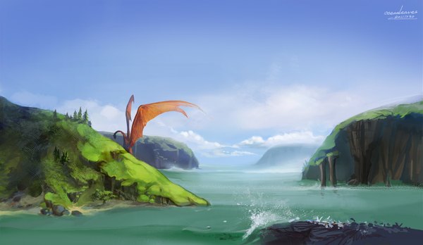 Anime picture 1500x870 with tales of earthsea studio ghibli wide image sky cloud (clouds) mountain landscape water sea dragon