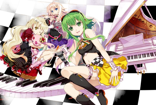 Anime picture 1920x1300 with vocaloid exit tunes gumi ia (vocaloid) mayu (vocaloid) usano mimi fujima takuya long hair looking at viewer highres short hair blue eyes blonde hair bare shoulders multiple girls green eyes yellow eyes one eye closed green hair wink