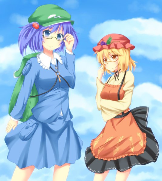 Anime picture 1302x1459 with touhou kawashiro nitori aki minoriko kokubunya tall image blush short hair blue eyes blonde hair multiple girls blue hair orange eyes girl dress skirt 2 girls hat glasses skirt set key