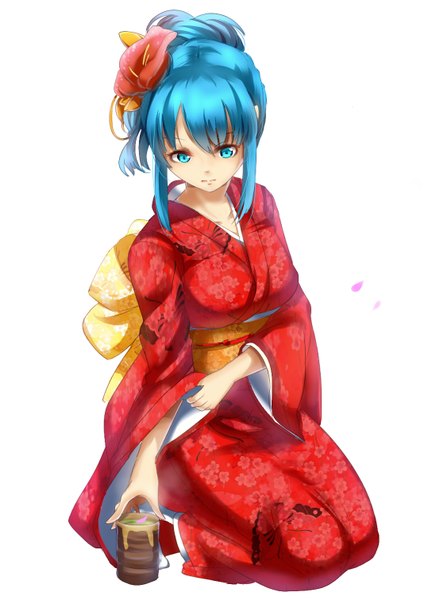 イラスト 1088x1510 と ボーカロイド 初音ミク 馬克杯 ソロ 長髪 長身像 long sleeves 和服 hair flower aqua eyes aqua hair wide sleeves alternate costume floral print 髪型チェンジ hair up 女の子 髪飾り 花 ベルト