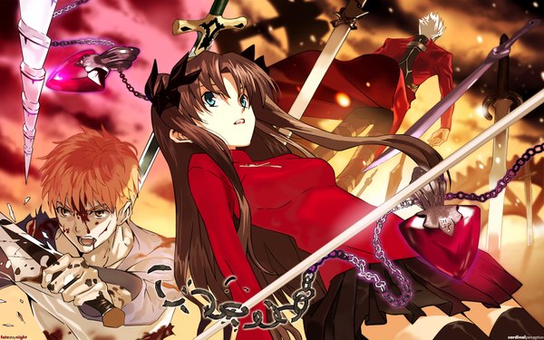Anime picture 1920x1200 with fate (series) fate/stay night studio deen type-moon toosaka rin archer (fate) emiya shirou highres brown hair wide image twintails white hair orange hair sword blood chain