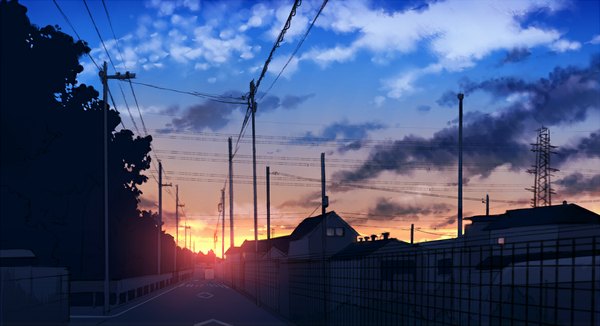 Anime picture 1168x635 with original mogumo wide image sky cloud (clouds) evening sunset landscape wire (wires) house road