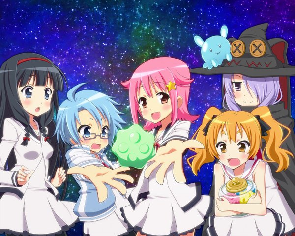 Anime picture 1280x1024 with houkago no pleiades subaru (houkago no pleiades) aoi (houkago no pleiades) itsuki (houkago no pleiades) hikaru (houkago no pleiades) pleiadean nanako (houkago no pleiades) pleiadian pikuharu long hair short hair open mouth blue eyes black hair blonde hair red eyes twintails multiple girls yellow eyes blue hair