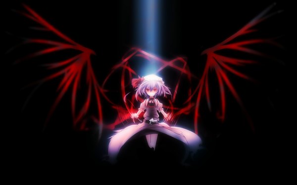 Anime picture 3507x2192 with touhou remilia scarlet tan (carbon) highres red eyes wide image absurdres purple hair white hair black background girl bow hair bow wings