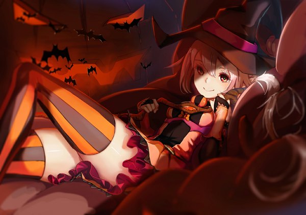 Anime picture 1040x733 with original lamchun (2006) single long hair looking at viewer smile red eyes white hair halloween witch girl thighhighs dress animal witch hat striped thighhighs bat