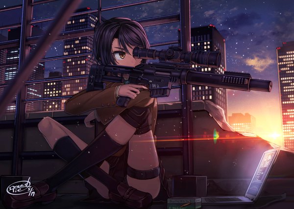 Anime picture 2086x1487 with original dreadtie single looking at viewer highres short hair black hair sitting brown eyes signed looking away sunlight crossed legs city evening sunset cityscape convenient censoring city lights girl