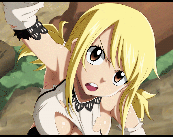 Anime picture 1400x1107 with fairy tail lucy heartfilia lworldchiefl single long hair open mouth light erotic blonde hair twintails brown eyes from above armpit (armpits) coloring torn clothes close-up girl detached sleeves