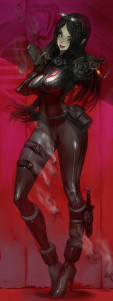 Anime picture 800x2122 with g.i. joe baroness elsevilla single long hair tall image looking at viewer highres breasts blue eyes light erotic black hair smile large breasts one eye closed wink high heels outstretched arm girl weapon