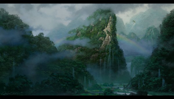 Anime picture 1700x970 with unidcolor highres wide image mountain landscape river waterfall fog tree (trees) water forest rainbow parachute