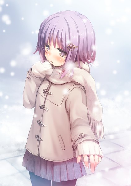 Anime picture 868x1228 with idolmaster idolmaster cinderella girls koshimizu sachiko fummy single tall image blush short hair purple eyes payot looking away purple hair pleated skirt from above snowing winter snow exhalation outstretched hand cold